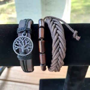 Brown Leather Bracelets Adjustable Set of 3